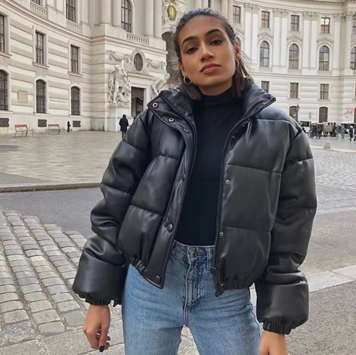 Maja | Kurtka puchowa damska | Krótka, z materiału skóry wegańskiej