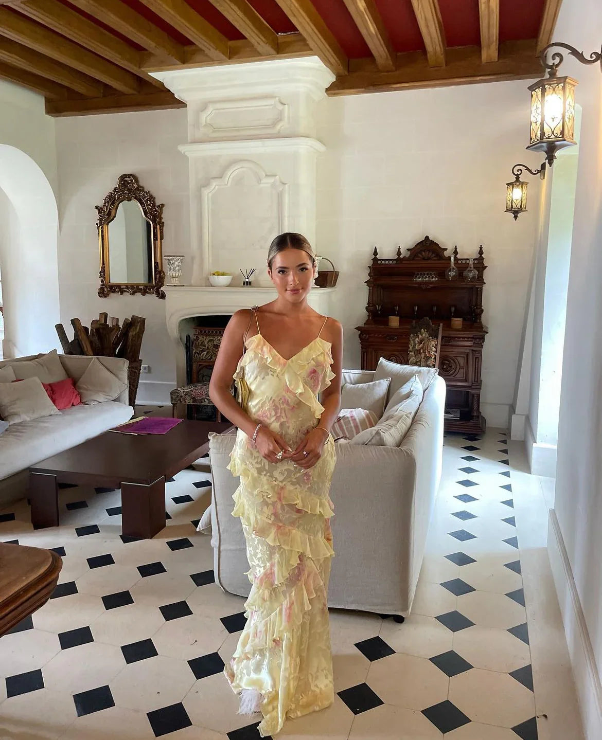 Alicja | Sukienka Damska Z Falbanką I Kwiatowym Wzorem | Maxi