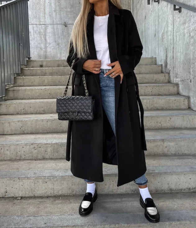 Anna | Damska Długi Trencz | Zapięcie na Podwójne Guziki