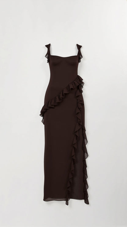 Monika | Damska Sukienka na Studniówkę | Falbankowa z Rozcięciem Maxi